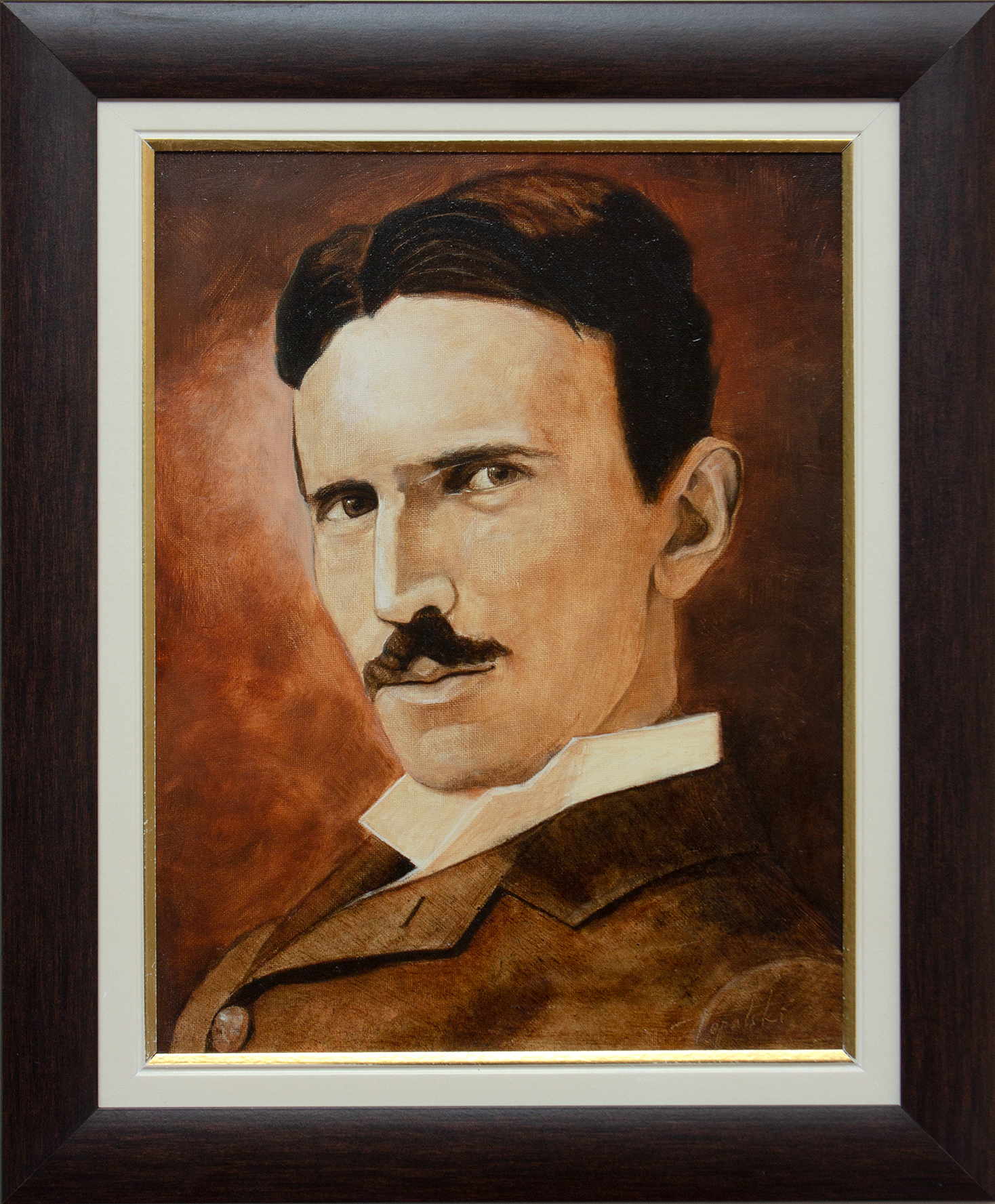 Nikola Tesla Sepija Portret - 40x30cm, 2011. - Uramljeno Ulje na platnu - sa ramom 52x43cm - umetnik Darko Topalski