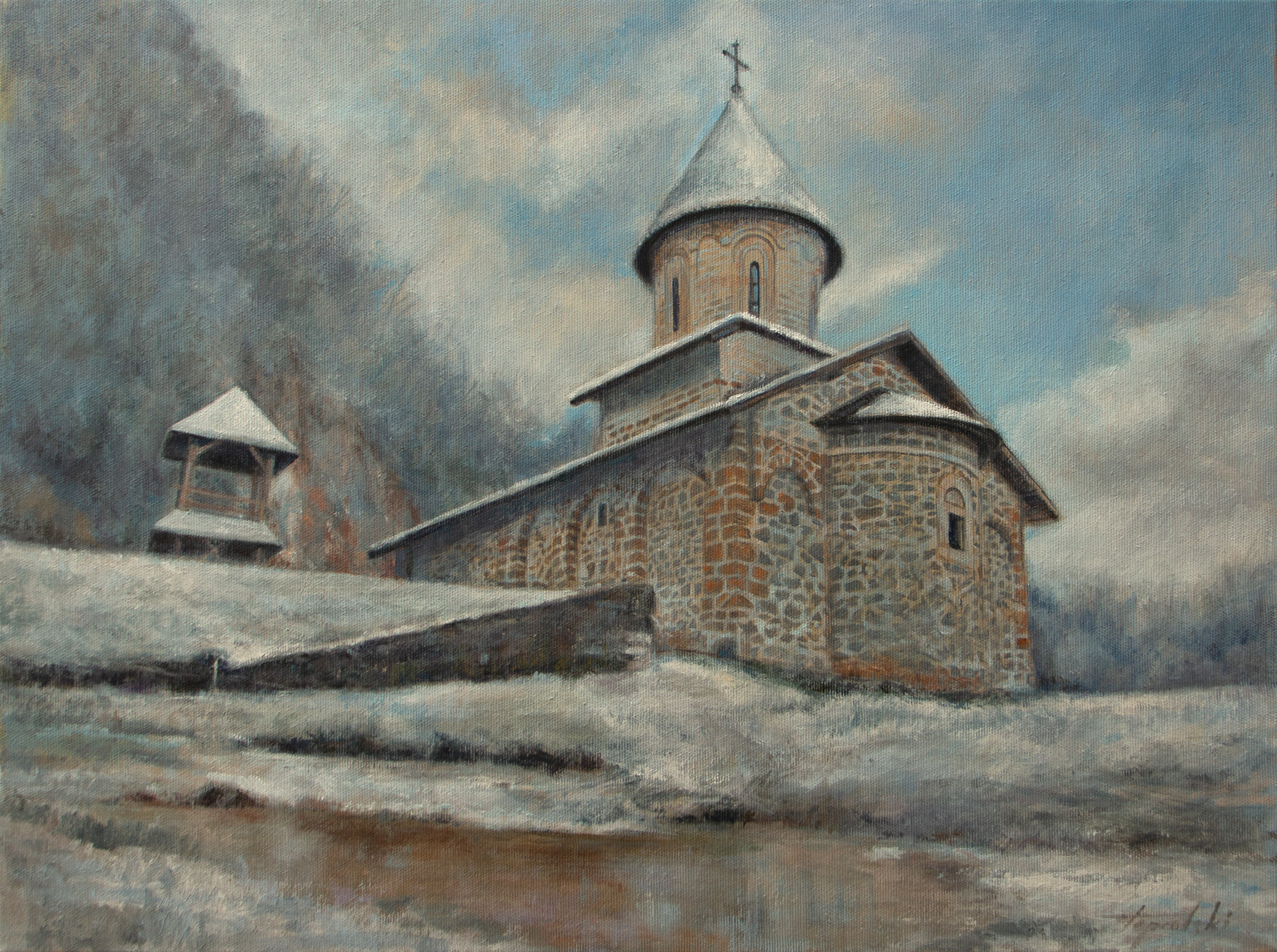 Umetnička slika - Manastir Godovik zimi - 45x60cm Ulje na platnu po narudžbini - umetnik Darko Topalski