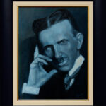 Nikola Tesla Portret - Uramljena umetnička slika 55x45cm , 2022. - Ulje na platnu 40x30cm - umetnik Darko Topalski